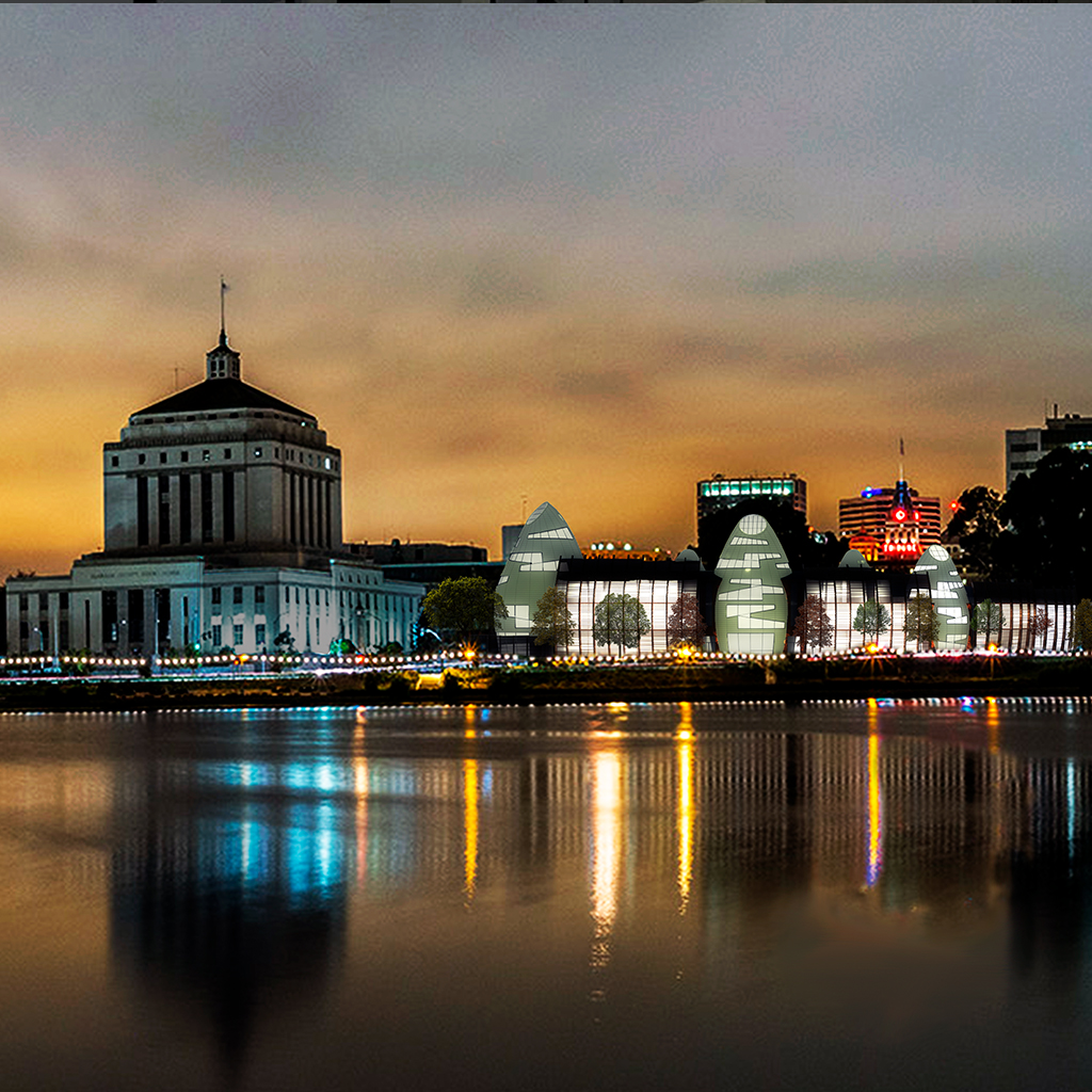 View of Oakland buildings with lake in front