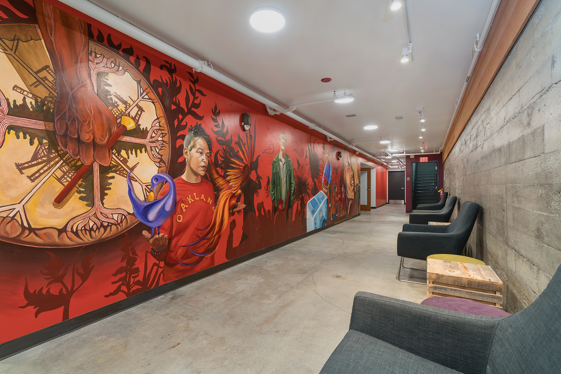 Mural of Oakland at Restore Oakland (Artists: Cece Carpio, Elaine Chu, Marina Perez-Wong, Priya Kaur Handa, Raiz, Inbal Rubin | Photo: Ellyce Morgan)